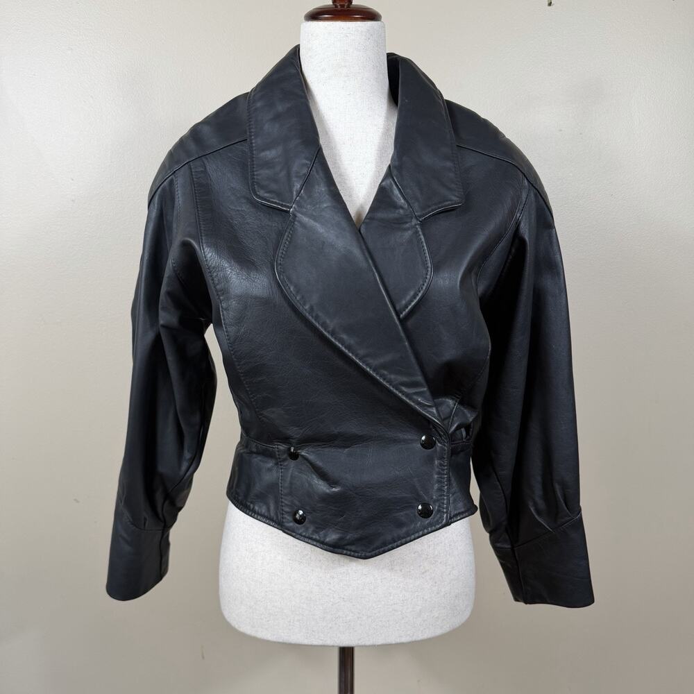 Vintage Reed Black leather Cropped Jacket Women's Small Power Shoulder 80s